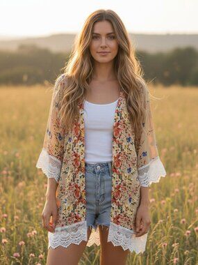 Relipop M Kimono Duster Wrap Coverup Beige Floral Crochet Lace Trim Boho Cottage